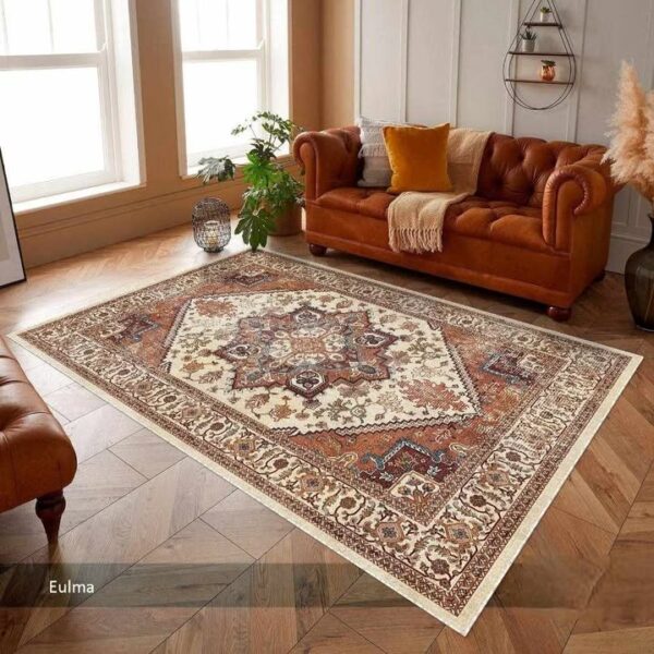 tapis motif persan beige dans salon moderne décoration orientale