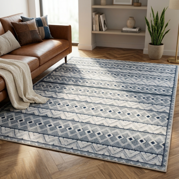 Tapis rectangulaire 180x270 à motifs géométriques bleus et crème dans un salon moderne avec parquet en chevrons