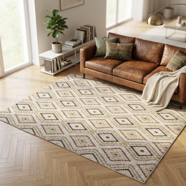 Tapis de salon 160x210 motifs losanges ocre et beige style berbère chic, 3 couches antidérapan