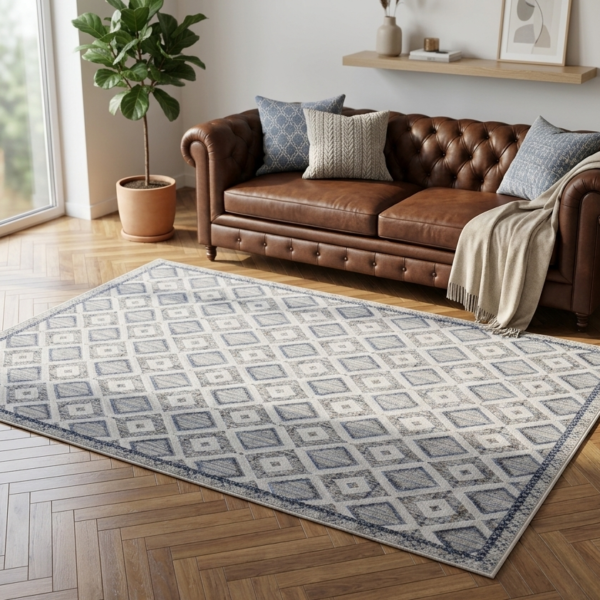 Tapis de salon 180x270 scandinave bleu et gris avec base antidérapante et motifs géométriques